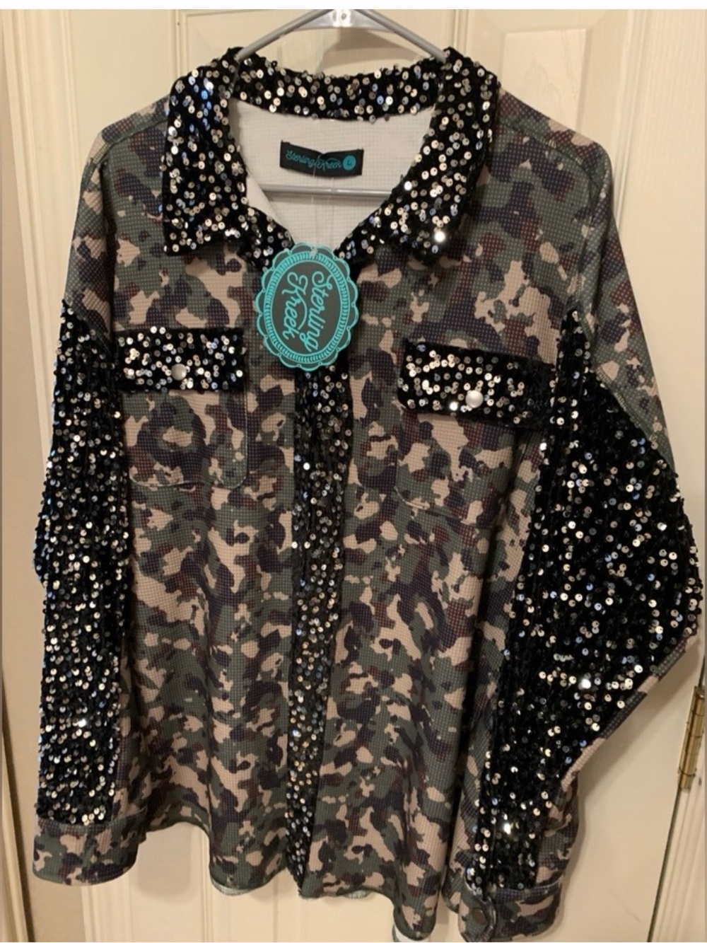 Sequin-Trim Camouflage Utility Shirt Jacket - Black & Green Camo